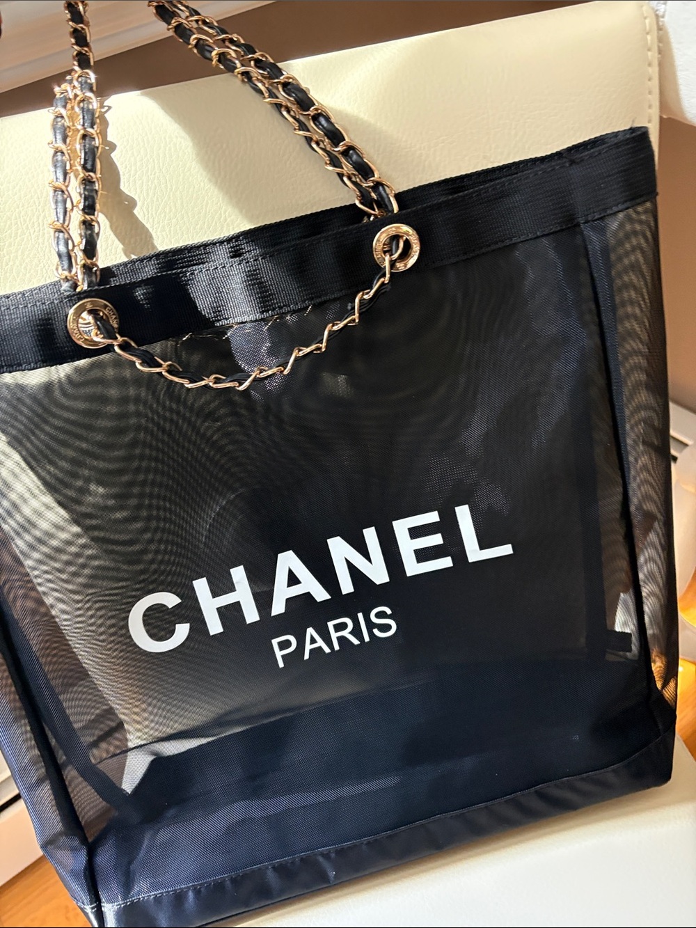 Fashion Chanel- Source Unknown Black Mesh Tote with Gold Chain Handles - Picture 6 of 7